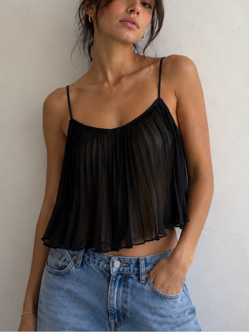 ABS Schwartz Black Pleated Chiffon Overlay Cami Top Sheer Flowy Y2K Coquette
